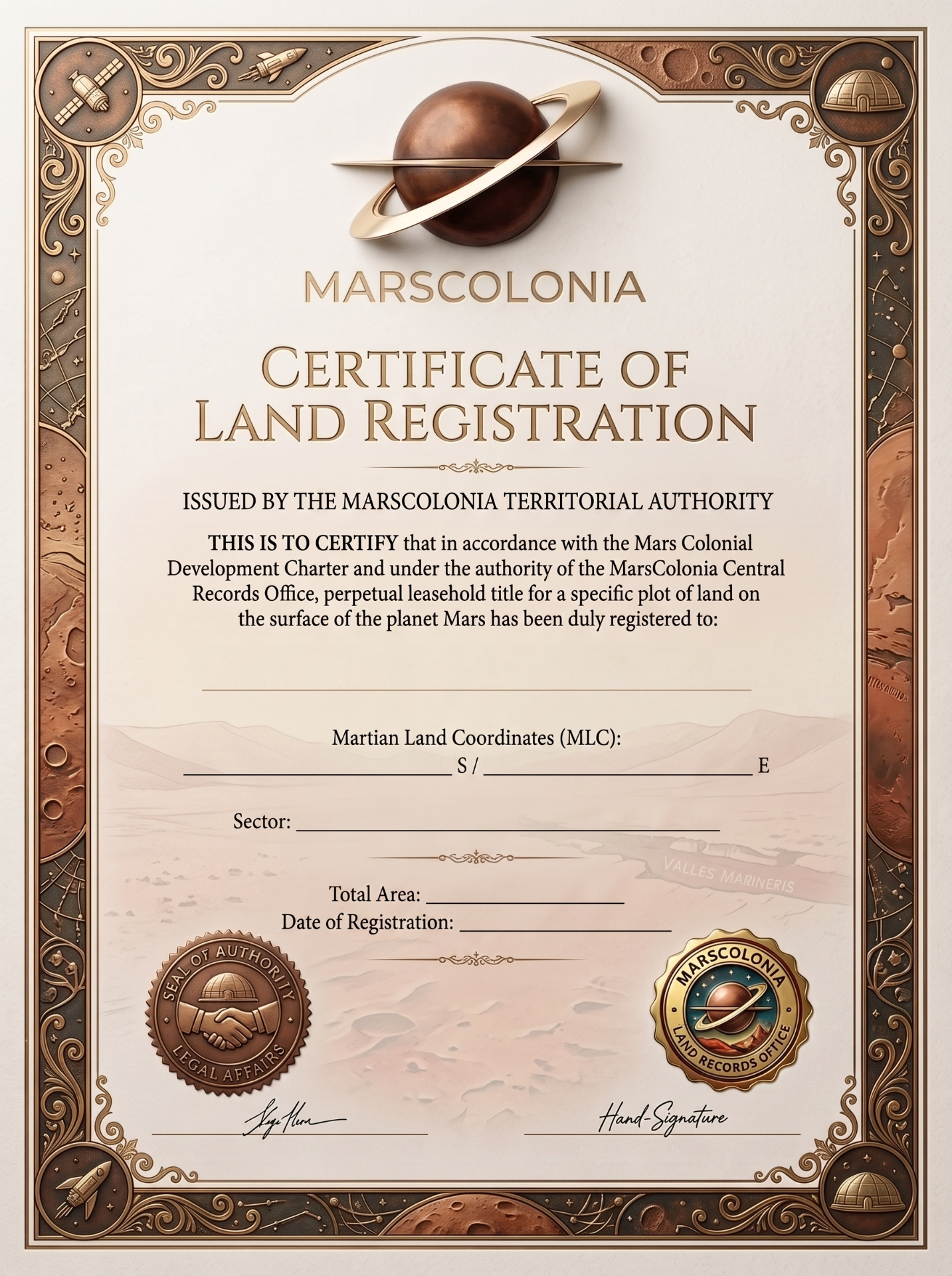 Mars Colonia Certificate of Land Registration sample