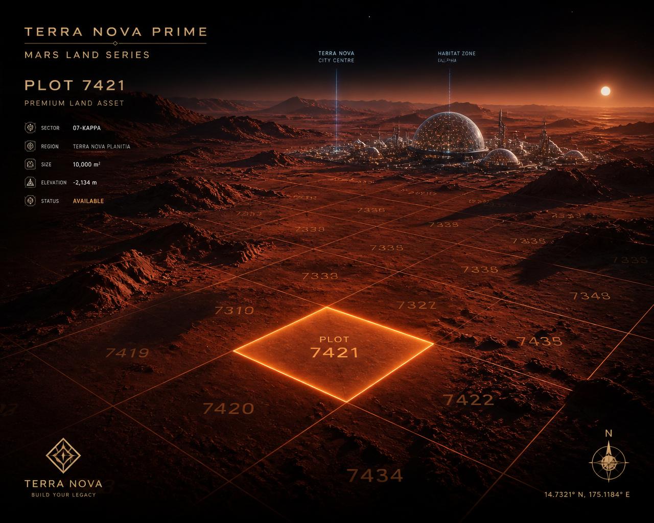 Aerial view of a premium Mars land plot near a domed colony