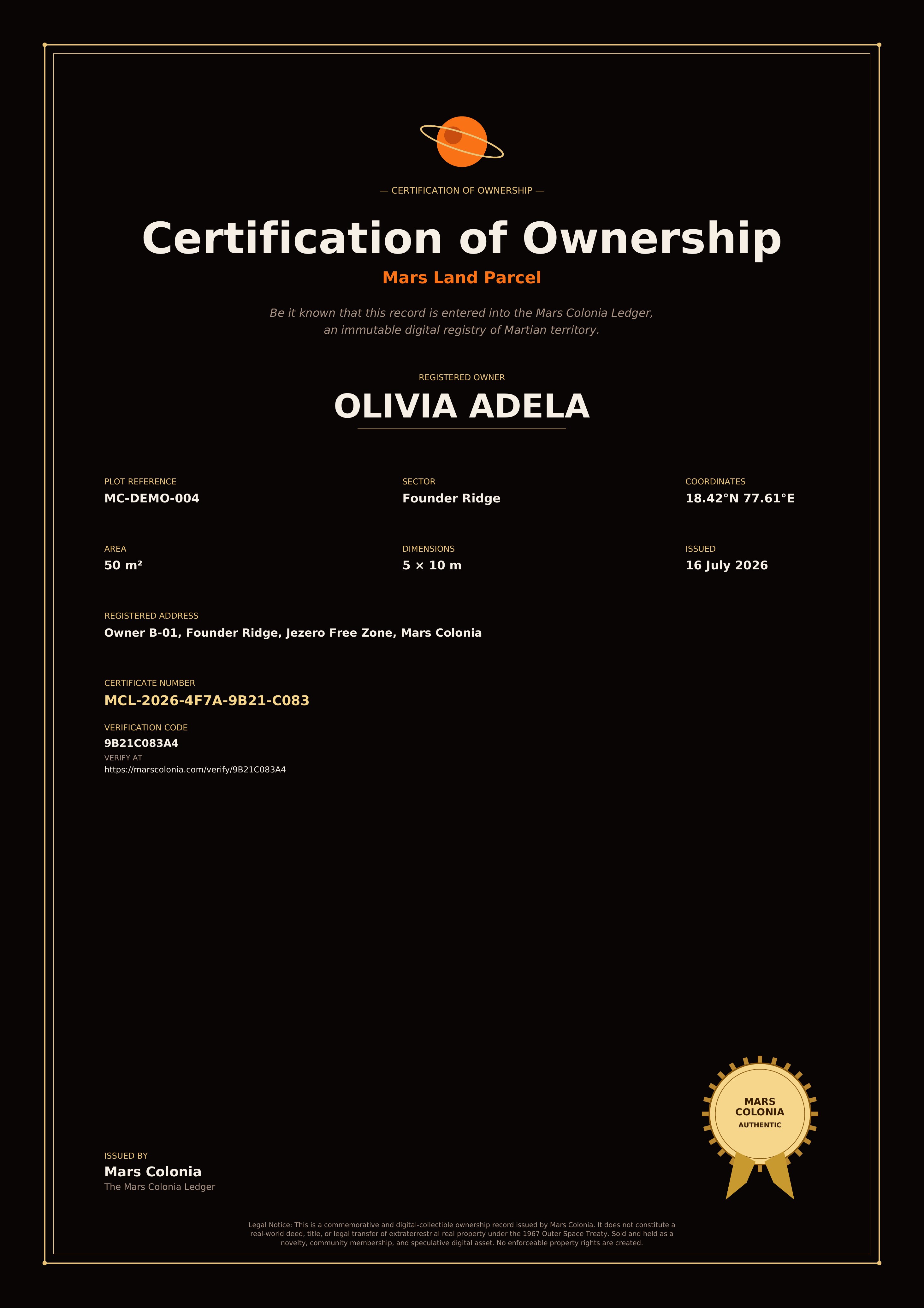 MarsColonia Land Ownership Certificate for Olivia Adela, plot MC-DEMO-004