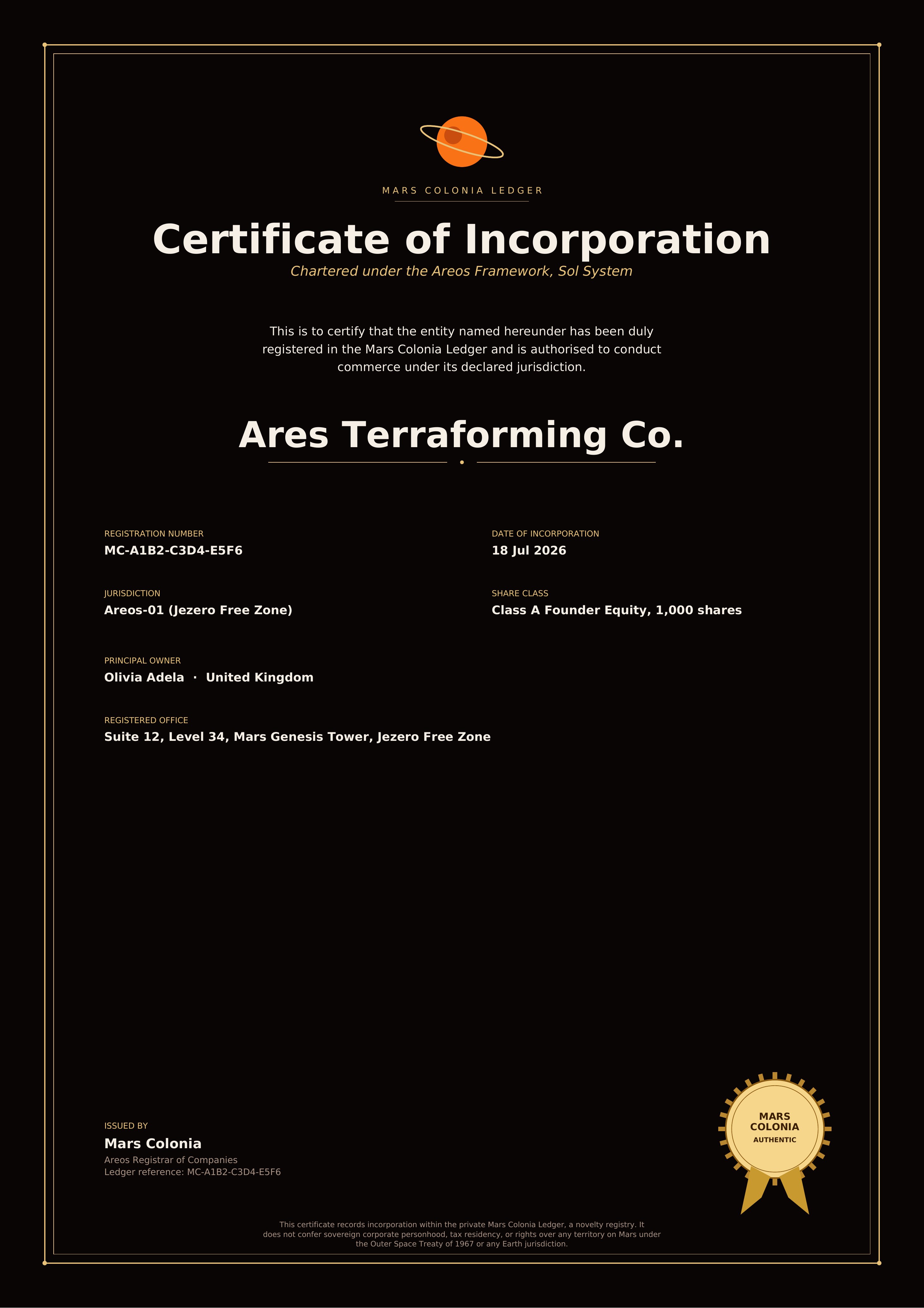MarsColonia Certificate of Incorporation for Ares Terraforming Co., owner Olivia Adela