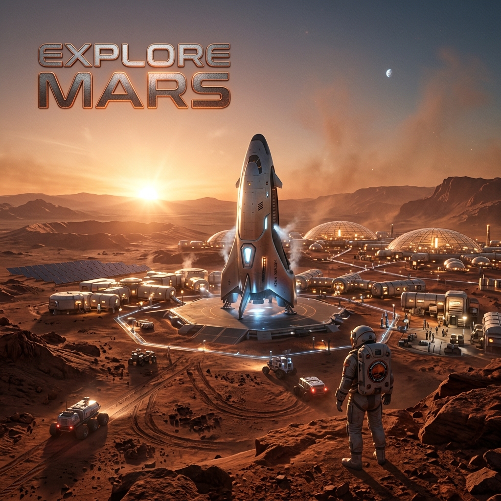 Explore Mars — futuristic colony and launch site under a red-orange sunset